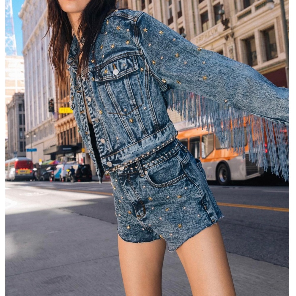 Embellished star studded denim shorts and jacket set